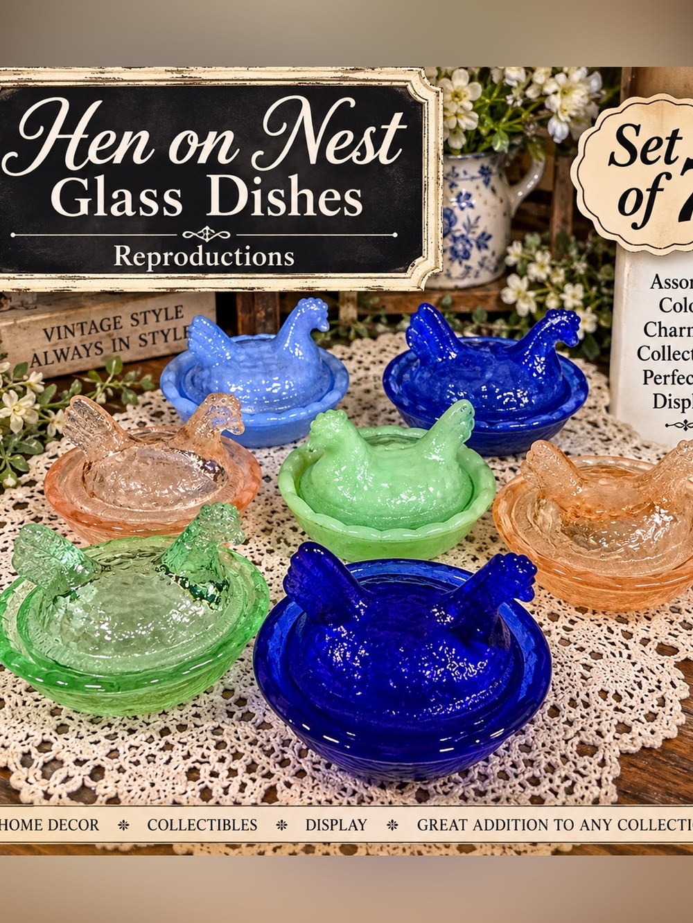 Set of 7 Reproduction Glass Hen on Nest Covered Dishes – Assorted Colors